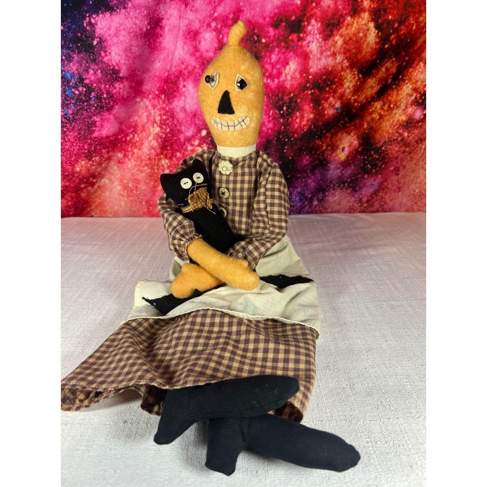 Primitive 25" Halloween Doll Pumpkin Head Vintage 1934 Apron Black Cat Bat Decor